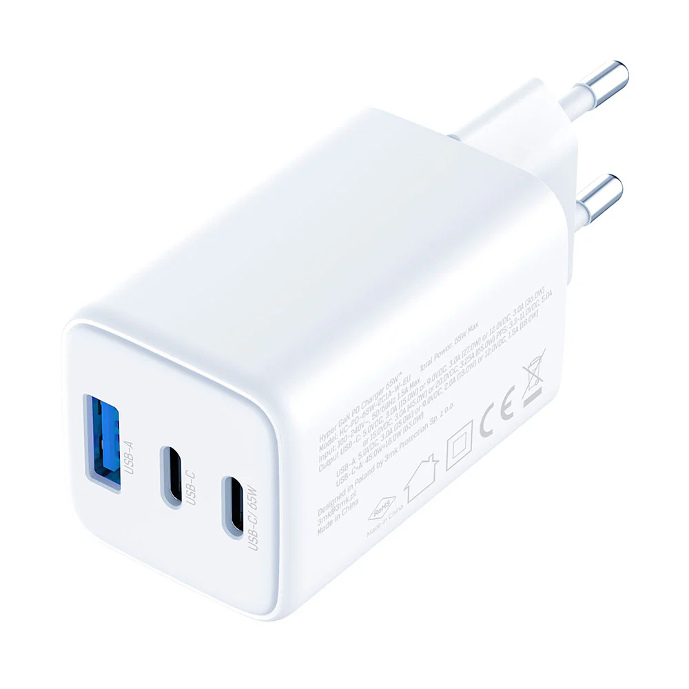3MK Hyper Network Charger, 65W, 3.25A, 1 x USB-A - 2 x USB-C, White - Image 3