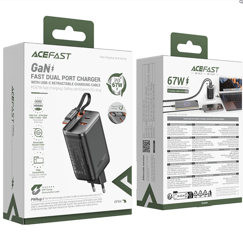 Acefast A111 USB-C Network Charger with Cable, 67W, 3A, 1 x USB-A - 1 x USB-C, Black - Image 6