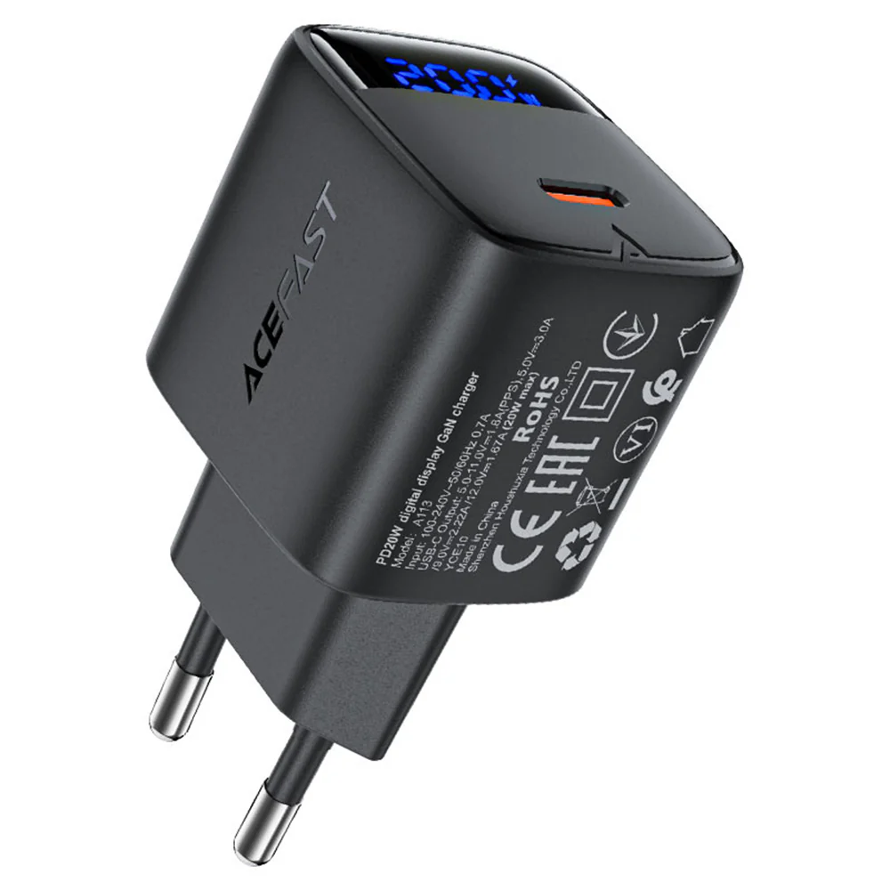 Acefast A113 Display Network Charger, 20W, 3A, 1 x USB-C, Black