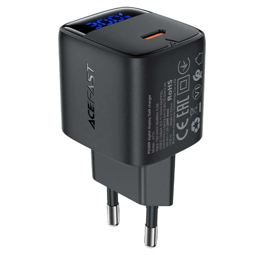 Acefast A115 Display Network Charger, 30W, 3A, 1 x USB-C, Black