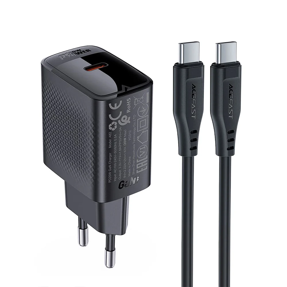 Acefast A82 USB-C Network Charger with Cable, 20W, 3A, 1 x USB-C, Black