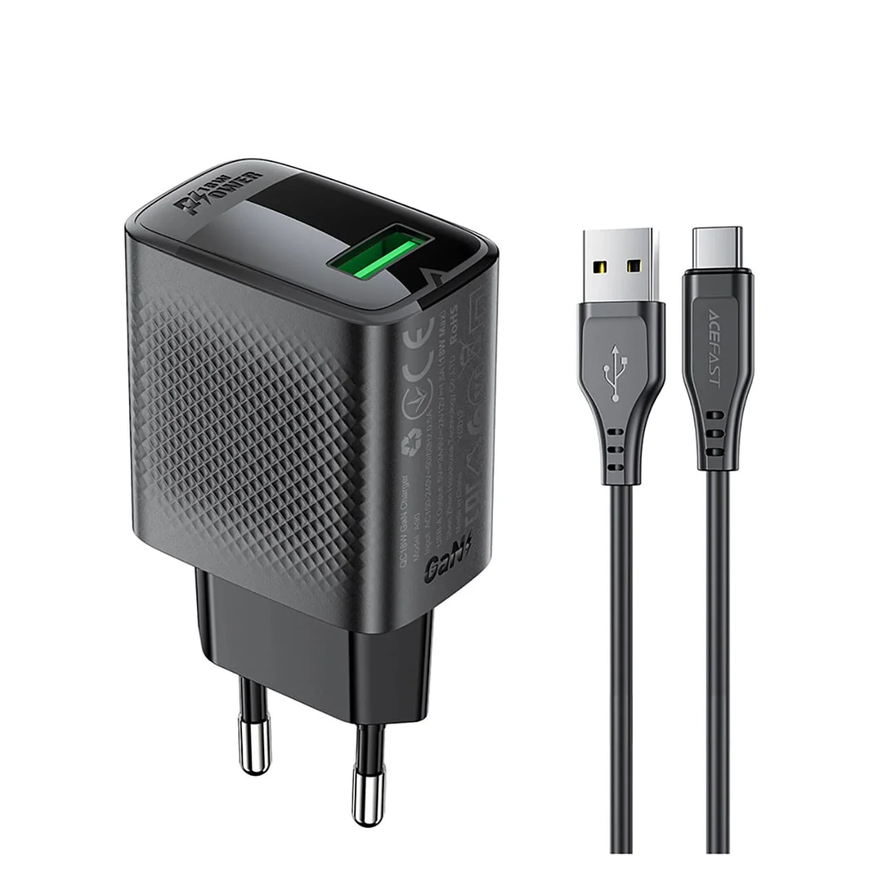 Acefast A90 USB-C Network Charger, 18W, 3A, 1 x USB-A, Black