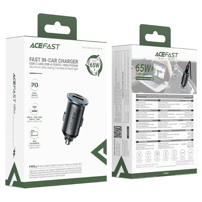 Acefast B15 Car Charger, 65W, 3.25A, 1 X USB-A - 1 x USB-C, Gray - Image 7