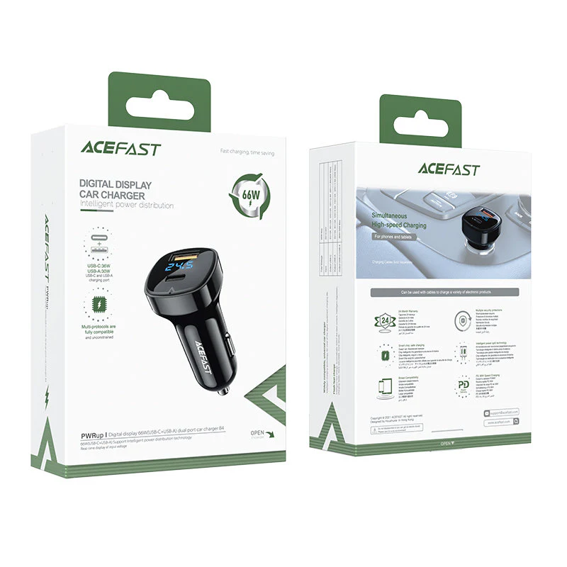 Acefast B4 Car Charger, 66W, 3A, 1 x USB-A - 1 x USB-C, Black - Image 2