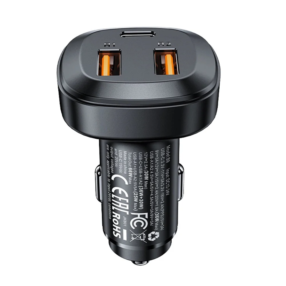 Acefast B9 Car Charger, 66W, 5A, 2 x USB-A - 1 x USB-C, Black - Image 3