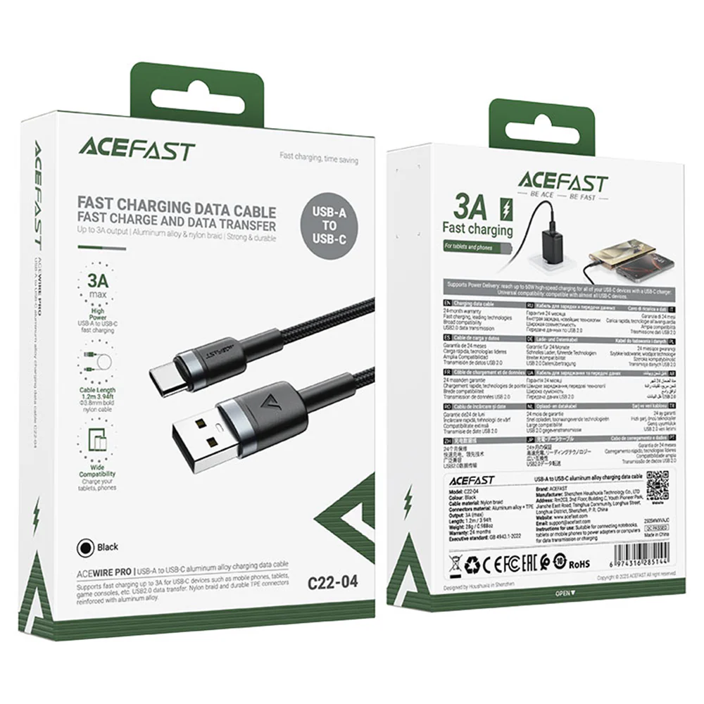 Acefast C22-04 USB-A to USB-C Data and Charging Cable, 18W, 1.2m, Black - Image 4