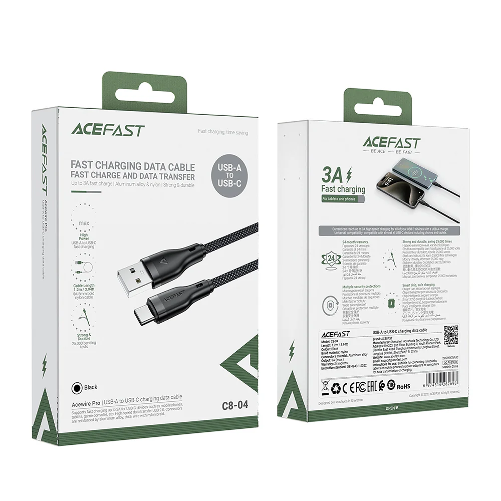 Acefast C8-04 USB-A to USB-C Data and Charging Cable, 18W, 1.2m, Black - Image 7