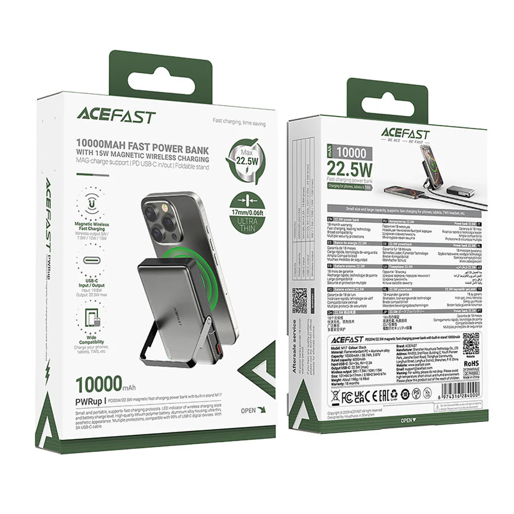 Acefast M17 Wireless External Battery, 10000mAh, 22.5W, PD + FQI, 1 x QI - 1 x USB-C, Black - Image 6