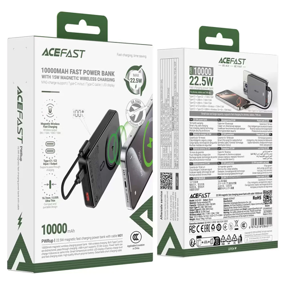 Acefast M31 Wireless External Battery, 10000mAh, 22.5W, QC + PD + FQI, 1 x QI - 1 x USB-A - 2 x USB-C, Black - Image 7