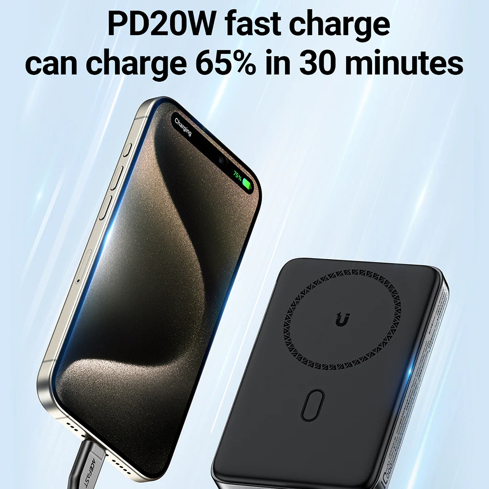 Acefast M6 Wireless External Battery, 10000mAh, 20W, PD + FQI, 1 x QI - 1 x USB-C, Black - Image 5
