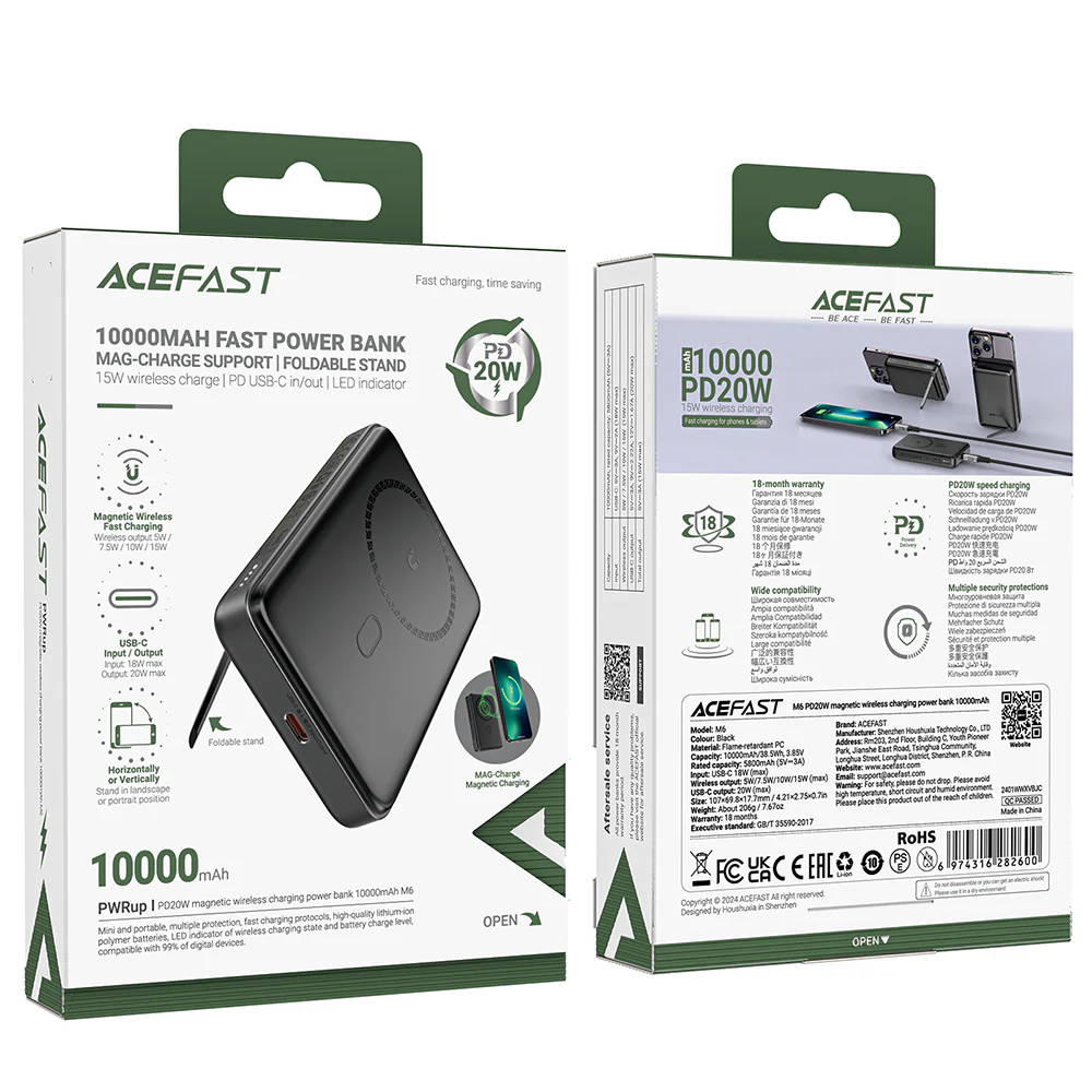 Acefast M6 Wireless External Battery, 10000mAh, 20W, PD + FQI, 1 x QI - 1 x USB-C, Black - Image 7
