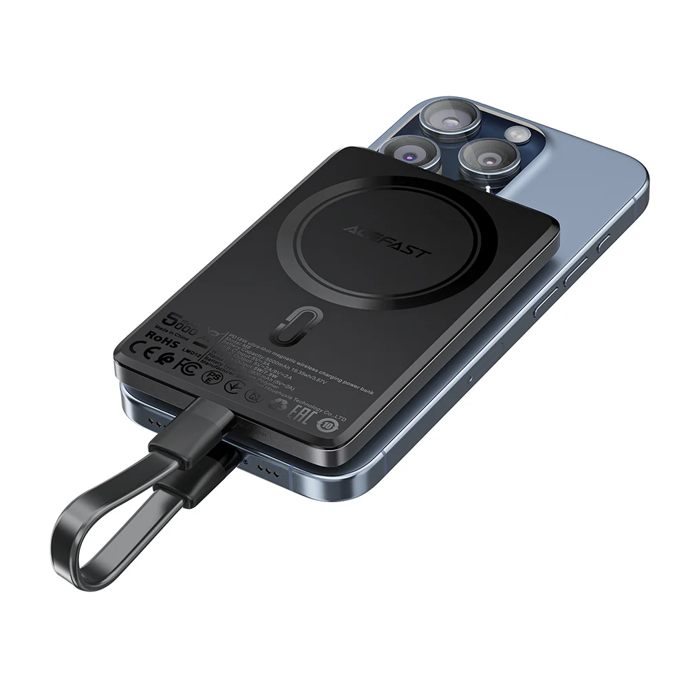 Acefast M8 Wireless External Battery, 5000mAh, 18W, PD + FQI, 1 x QI - 1 x USB-C, Black - Image 4