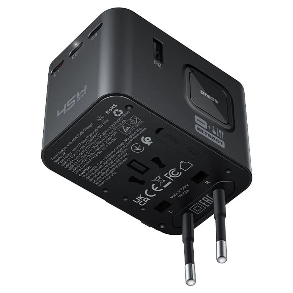 Acefast Z8 Travel Network Charger, 45W, 3A, 2 x USB-A - 3 x USB-C, Black - Image 3