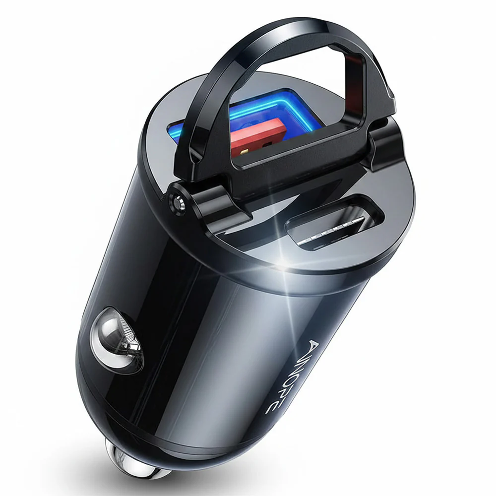 Ainope Car Charger, 30W, 5A, 1 x USB-A - 1 x USB-C, Black