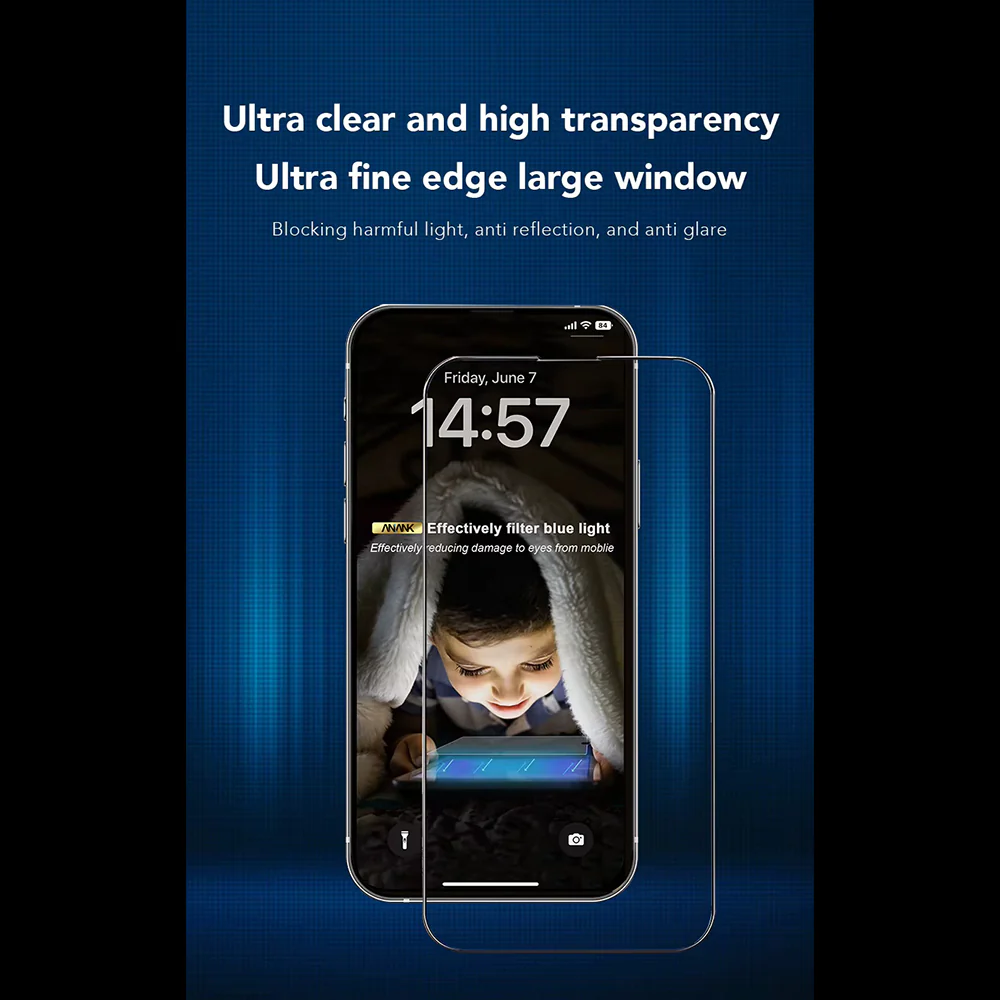 Anank 3X Reinforced Anti Blue Light Screen Protector for Apple iPhone 16 Pro, Tempered Glass, Full Glue, 2.5D, Black - Image 4