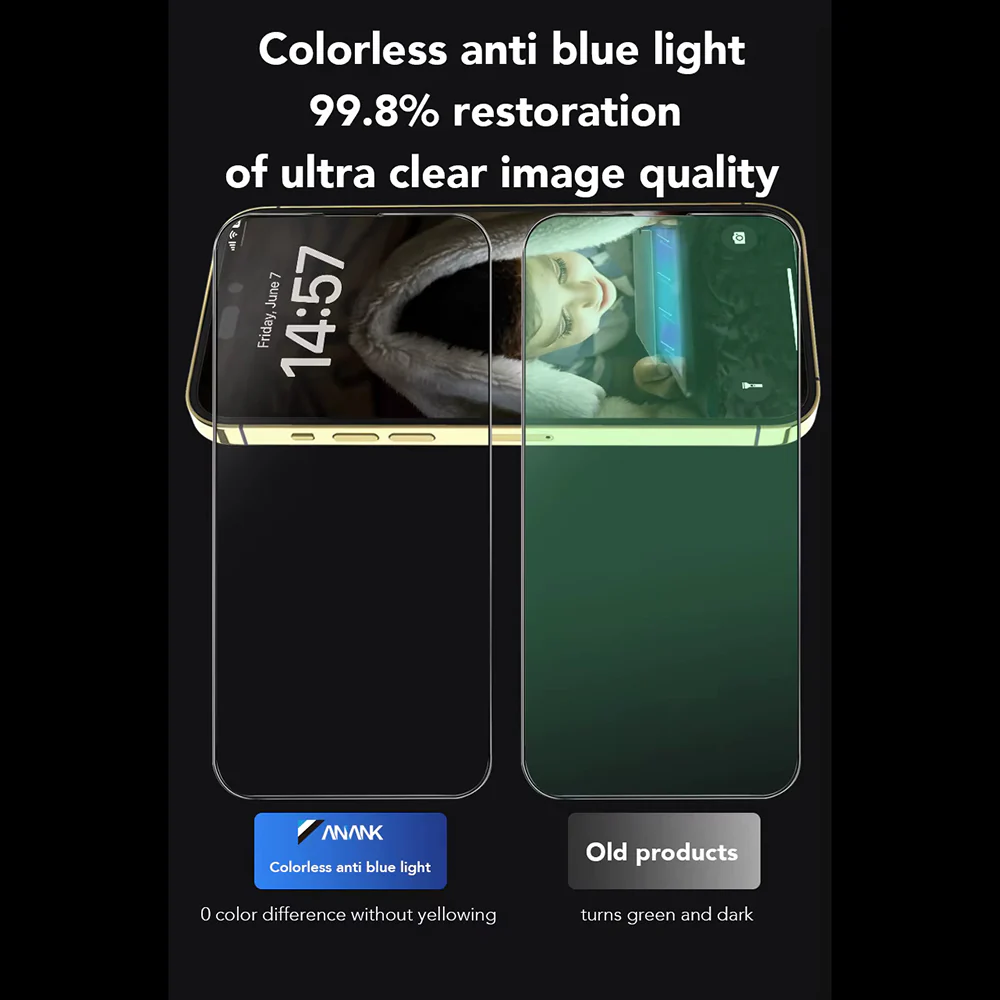Anank 3X Reinforced Anti Blue Light Screen Protector for Apple iPhone 16, Tempered Glass, Full Glue, 2.5D, Black - Image 5