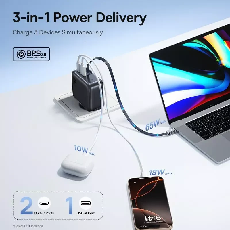 Baseus EnerCore CJ11 Network Charger with USB-C Cable, 100W, 1 x USB-A - 2 x USB-C, Black E0120M00 - Image 3