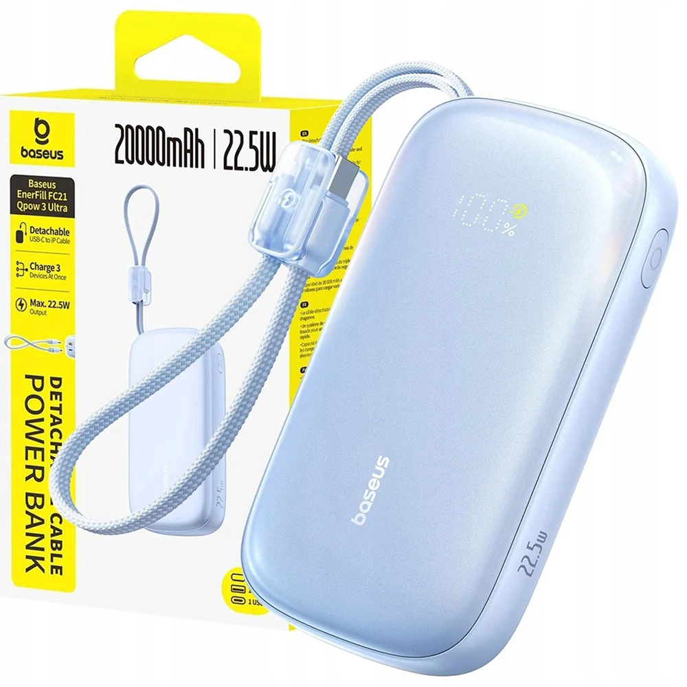 Baseus EnerFill FC21 Qpow 3 Ultra External Battery, 20000mAh, 22.5W, QC + PD, 1 x USB-A - 1 x USB-C, Blue E0027M03 - Image 7