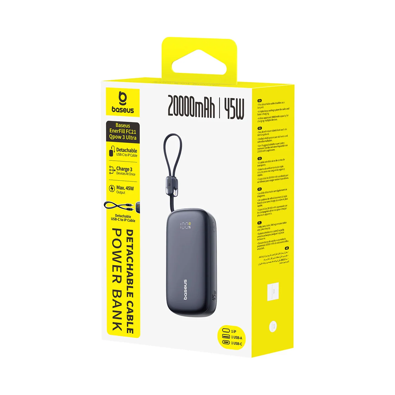 Baseus EnerFill FC21 QPow 3 Ultra External Battery, 20000mAh, 45W, QC + PD, 1 x USB-A - 1 x USB-C, Black E0027P00 - Image 4