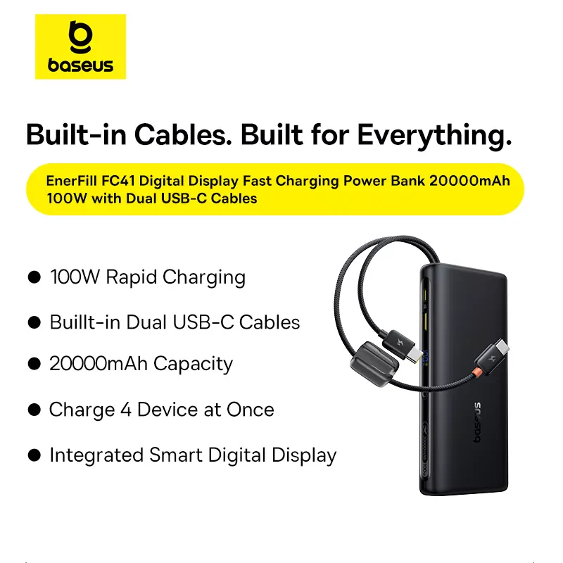 Baseus EnerFill FC41 External Battery, 20000mAh, 100W, QC + PD, 1 x USB-A - 3 x USB-C, Black E0028N03 - Image 5