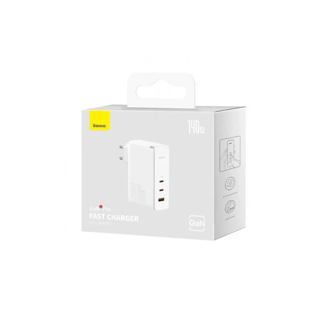 Baseus GaN5 Pro Network Charger with USB-C Cable, 140W, 5A, 1 x USB-A - 2 x USB-C, White CCGP100202 - Image 7