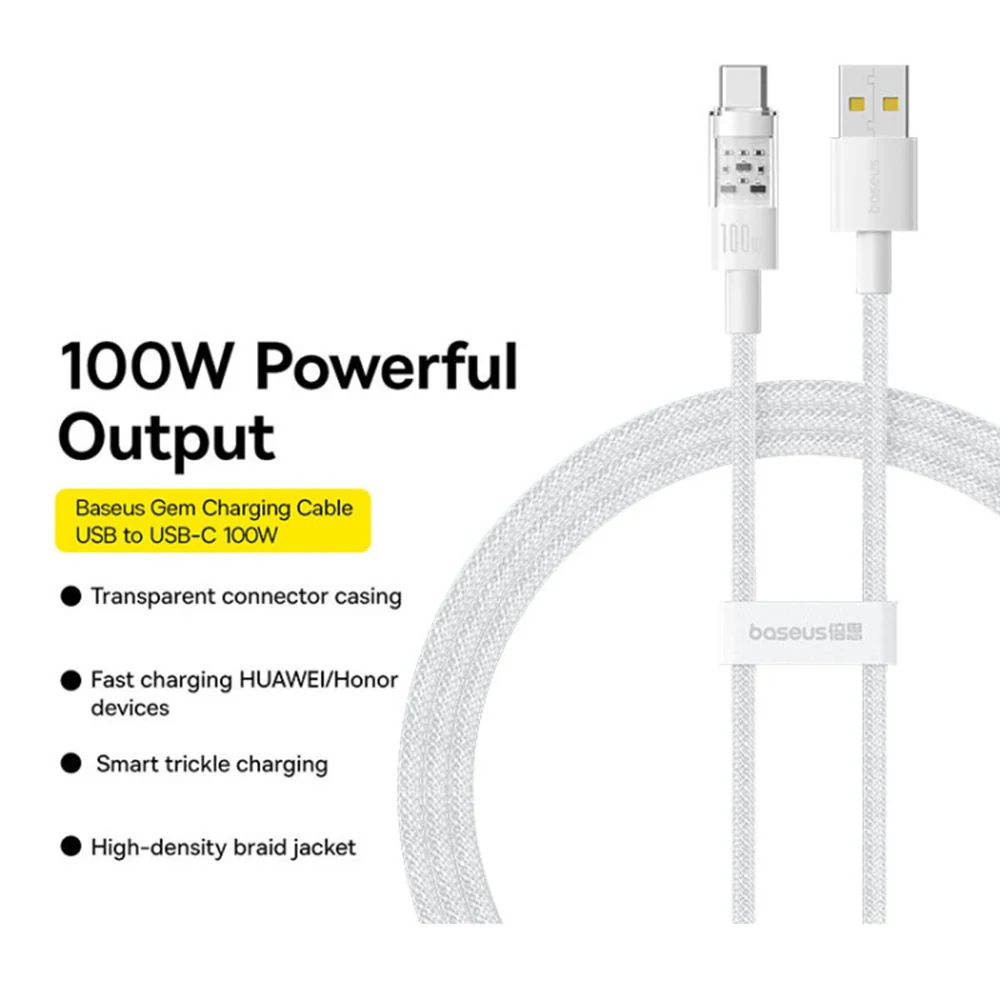 Baseus Gem USB-A to USB-C Data and Charging Cable, 100W, 2m, White P10373002211-01 - Image 2