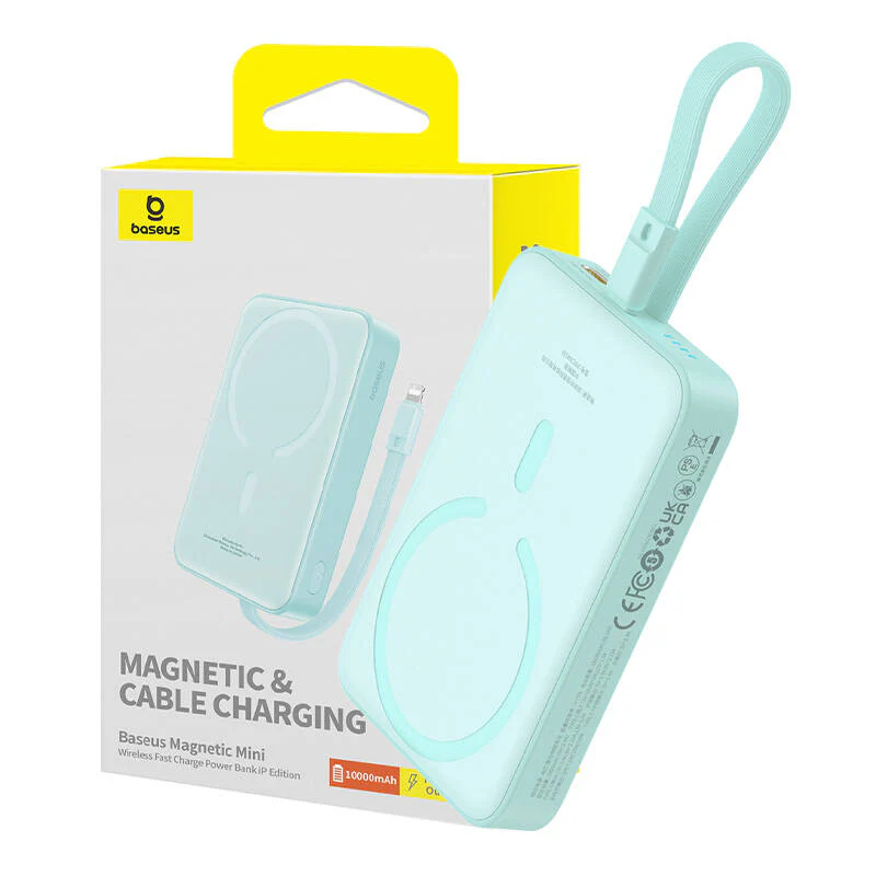 Baseus Magnetic Mini Wireless External Battery, 10000mAh, 20W, PD + FQI, 1 x Lightning - 1 x QI - 1 x USB-C, Green P10022109333-00