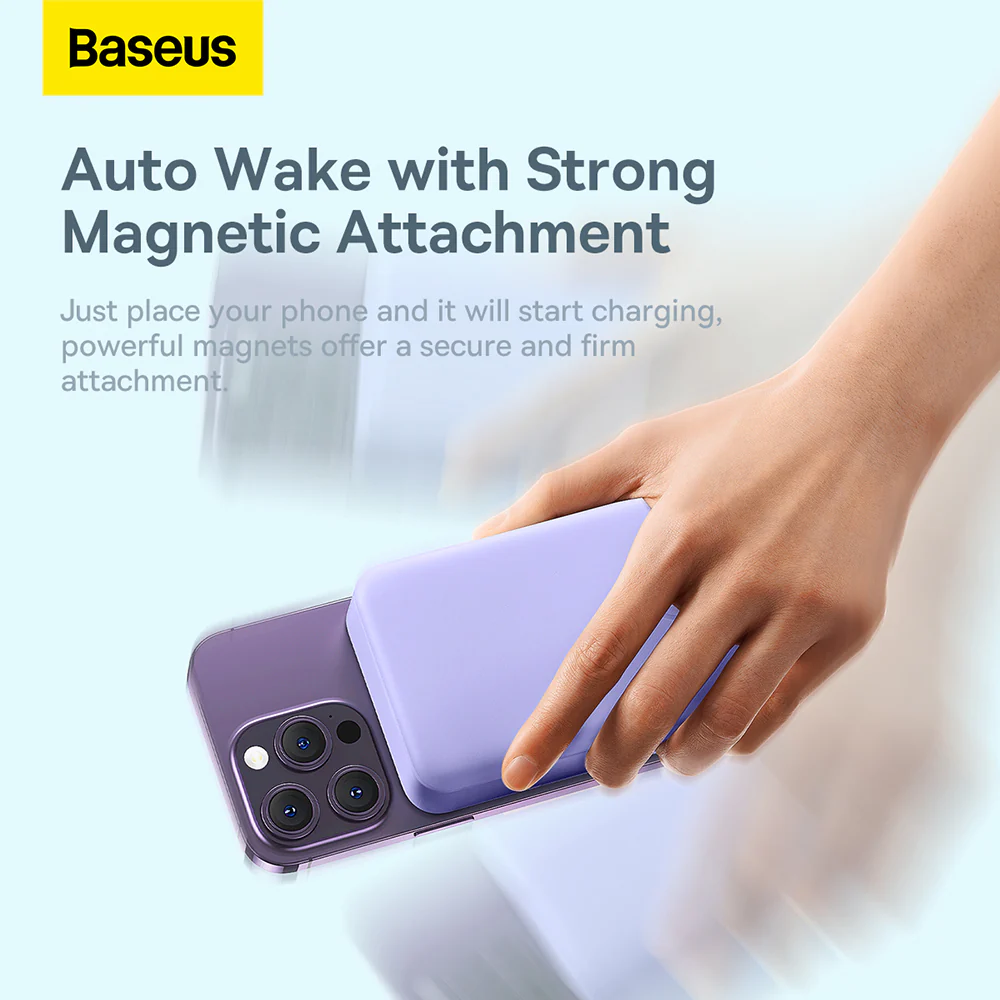 Baseus Magnetic Mini Wireless External Battery, 20000mAh, 20W, PD + FQI, 1 x QI - 1 x USB-C, Purple PPCX150005 - Image 6