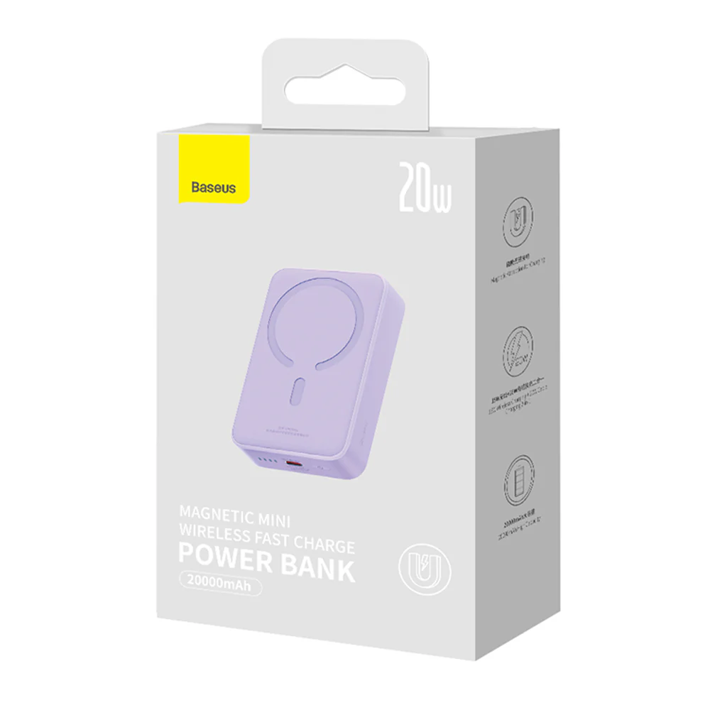 Baseus Magnetic Mini Wireless External Battery, 20000mAh, 20W, PD + FQI, 1 x QI - 1 x USB-C, Purple PPCX150005 - Image 7
