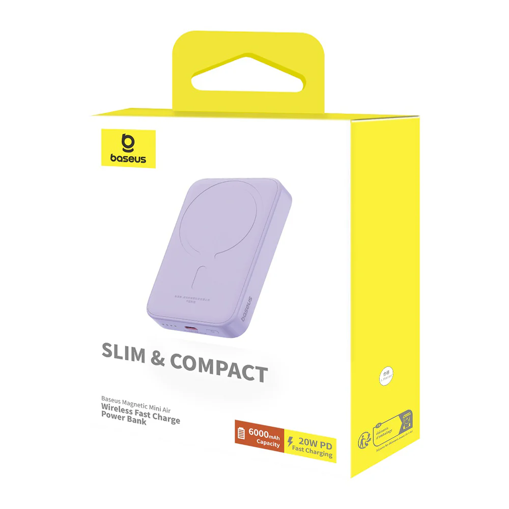 Baseus Mini Air Wireless External Battery, 6000mAh, 20W, PD + FQI, 1 x QI - 1 x USB-C, Purple P10059002513-00 - Image 7
