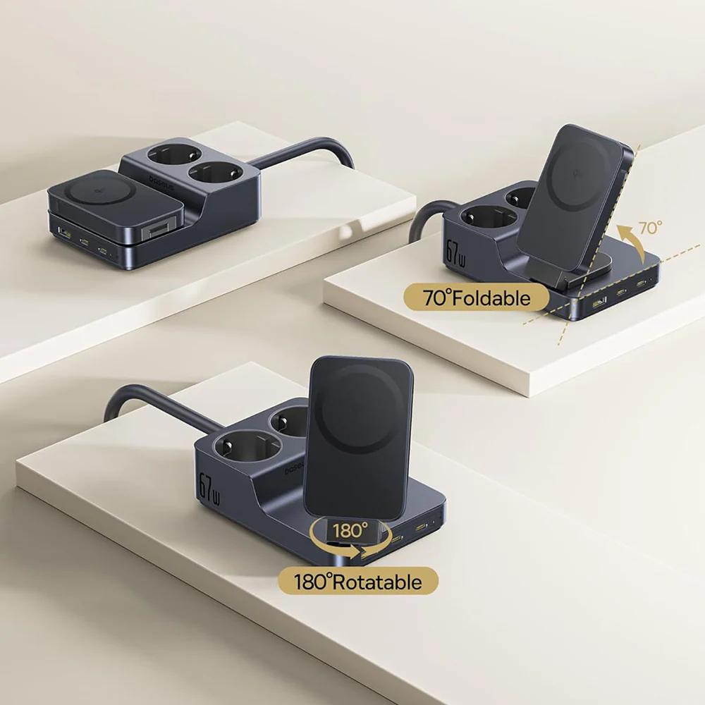 Baseus Nomos ND11 QI 6in1 Charging Station, 67W, 3.35A, 1 x USB-A - 2 x USB-C - 2 x Schuko, Black E00078801123-00 - Image 3