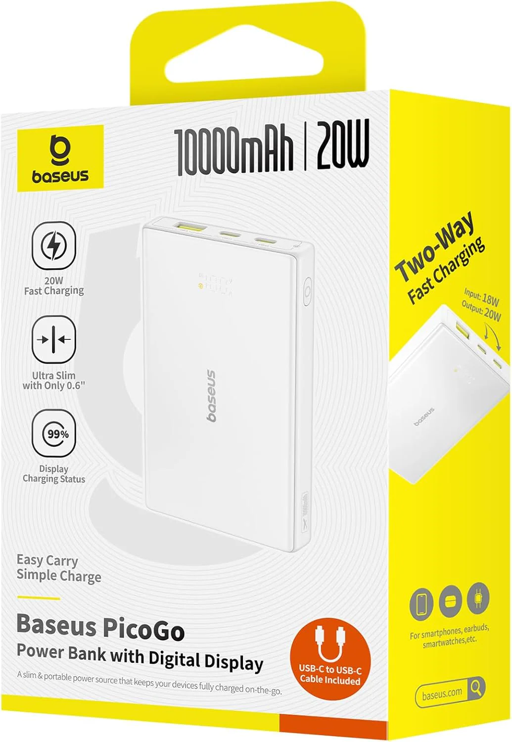 Baseus PicoGo External Battery, 10000mAh, 20W, QC + PD, 1 x USB-A - 2 x USB-C, White P10076801213-00 - Image 8
