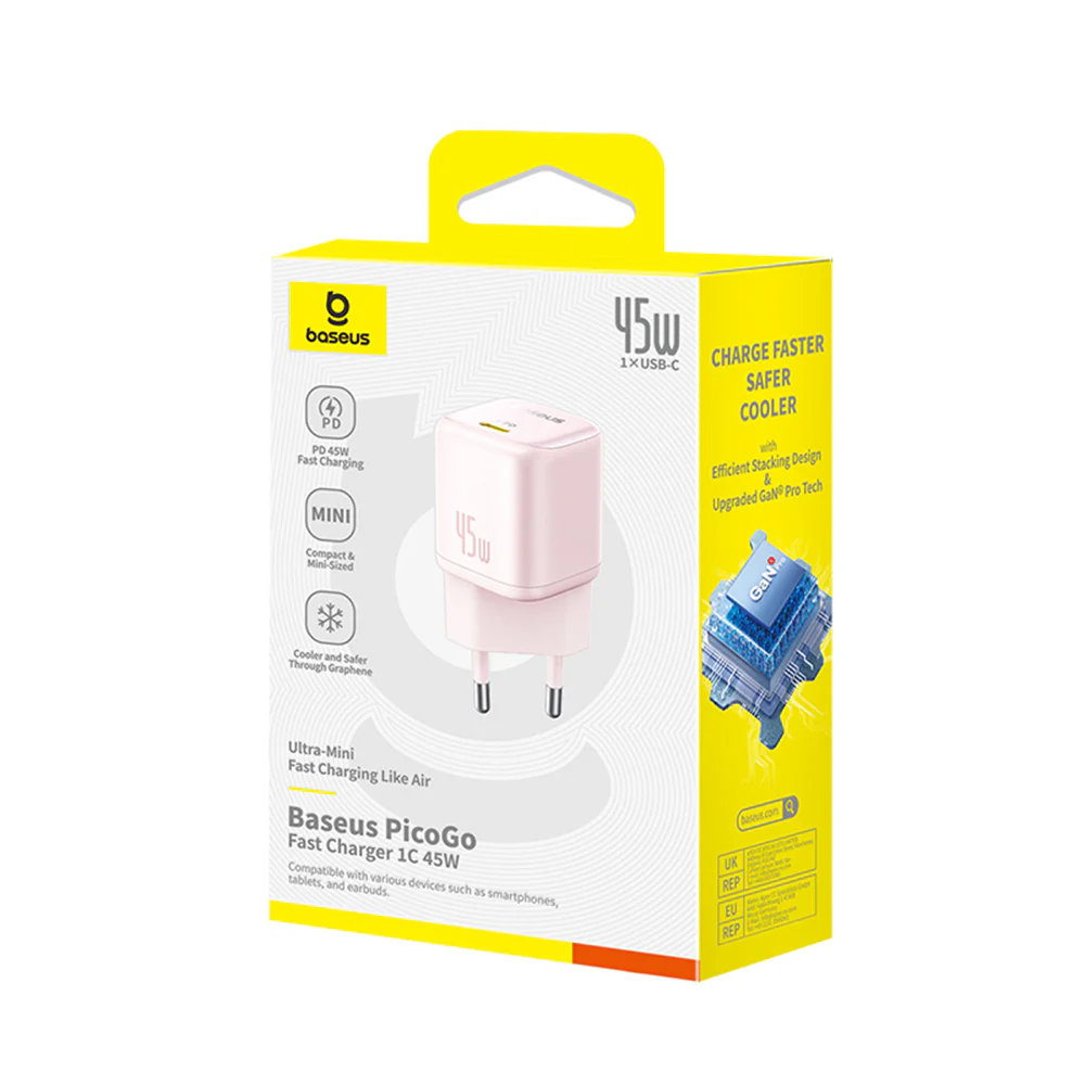 Baseus PicoGo Network Charger, 45W, 3A, 1 x USB-C, Pink P10176800413-00 - Image 7