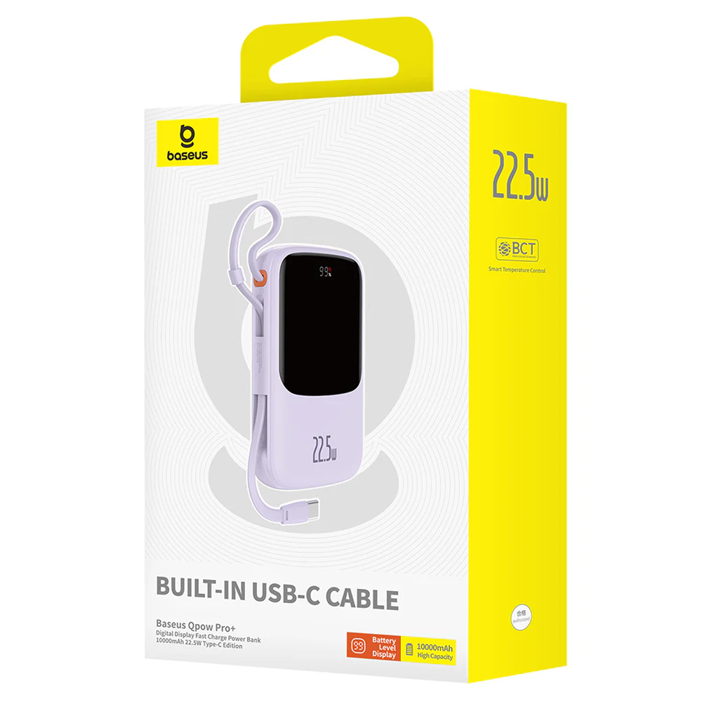Baseus Qpow Pro+ External Battery, 10000mAh, 22.5W, QC + PD, 1 x USB-A - 2 x USB-C, Purple P10067101513-00 - Image 7