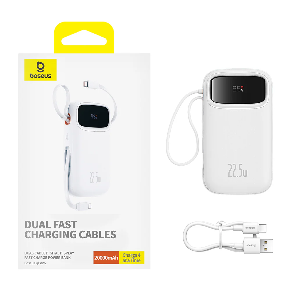 Baseus Qpow2 External Battery, 20000mAh, 22.5W, QC + PD, 1 x Lightning - 1 x USB-A - 2 x USB-C, White P10055002223-00 - Image 7