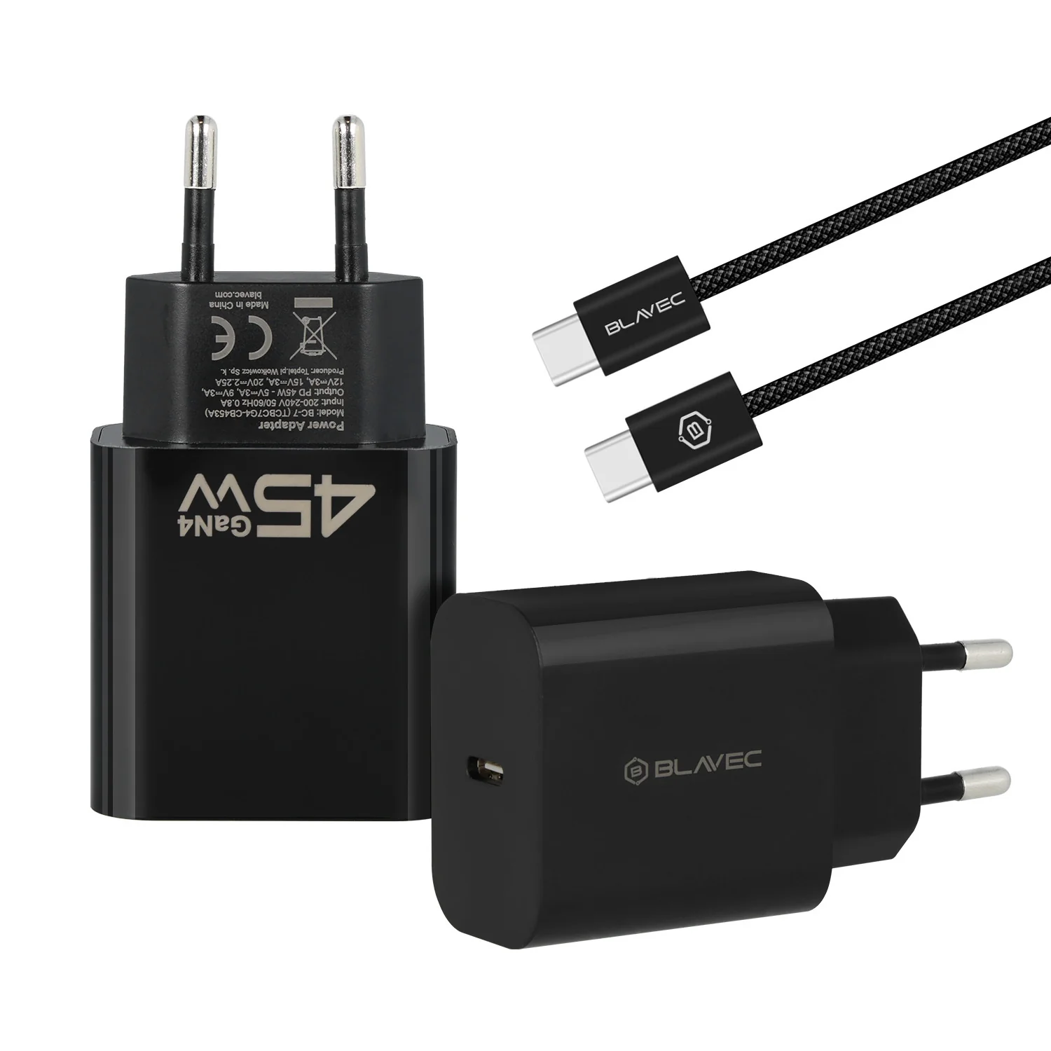 Blavec BC-7 Network Charger with USB-C Cable, 45W, 3A, 1 x USB-C, Black