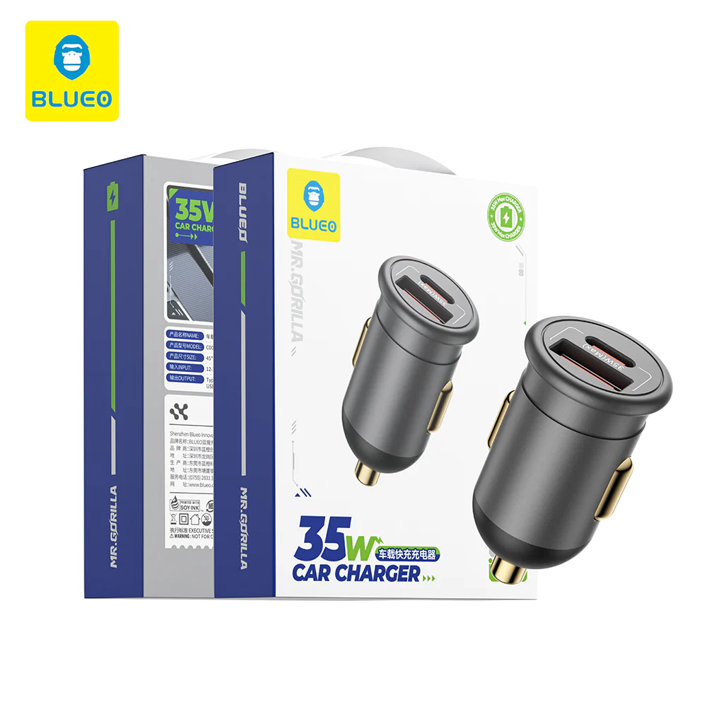 Blueo Car Charger, 35W, 3A, 1 x USB-A - 1 x USB-C, Grey - Image 6
