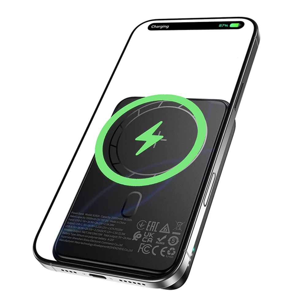 Borofone BJ82A Dawn Wireless External Battery, 10000mAh, 22.5W, QC + PD + FQI, 1 x QI - 1 x USB-A - 1 x USB-C, Black - Image 2