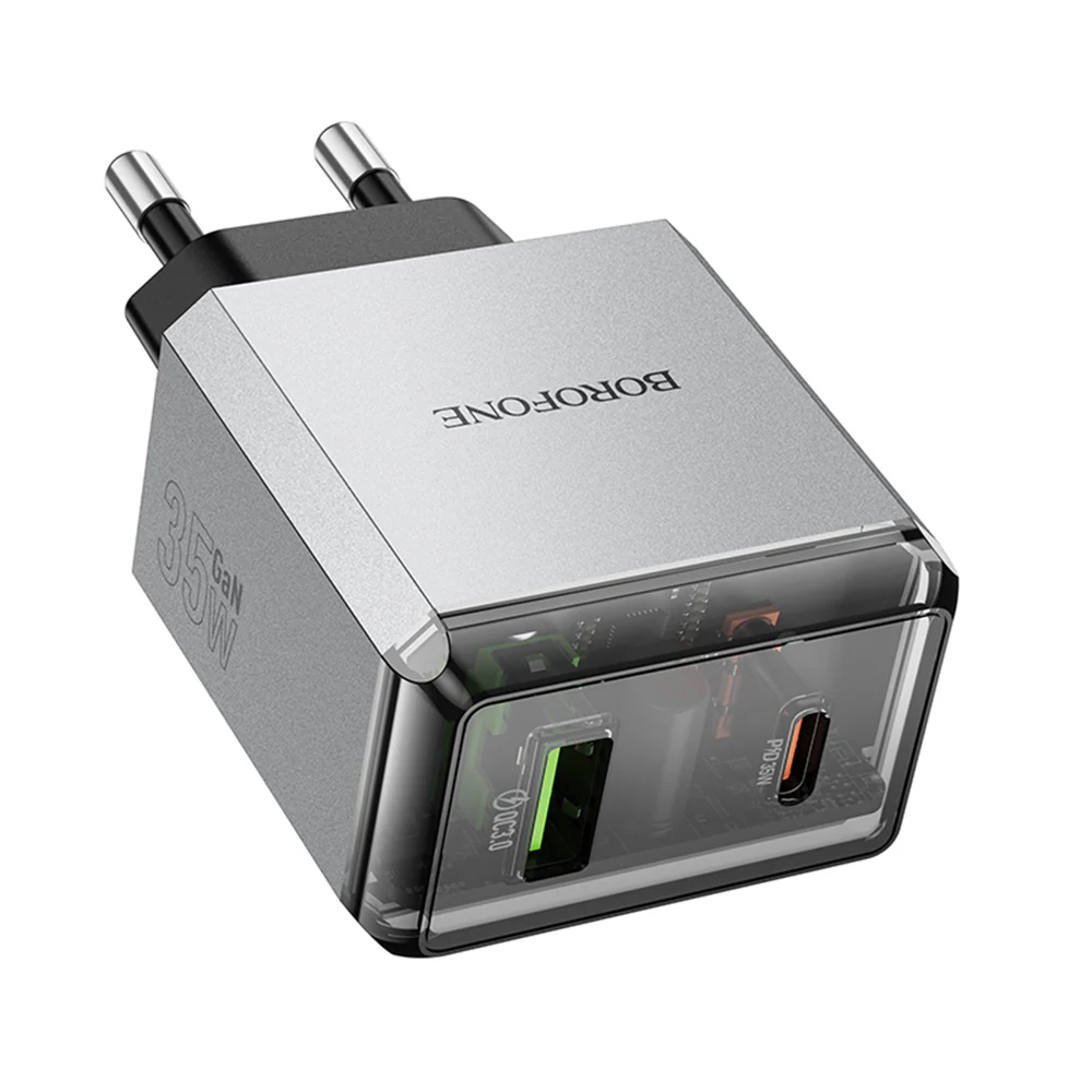 Borofone BN20 Lena Network Charger, 35W, 3A, 1 x USB-A - 1 x USB-C, Grey - Image 3