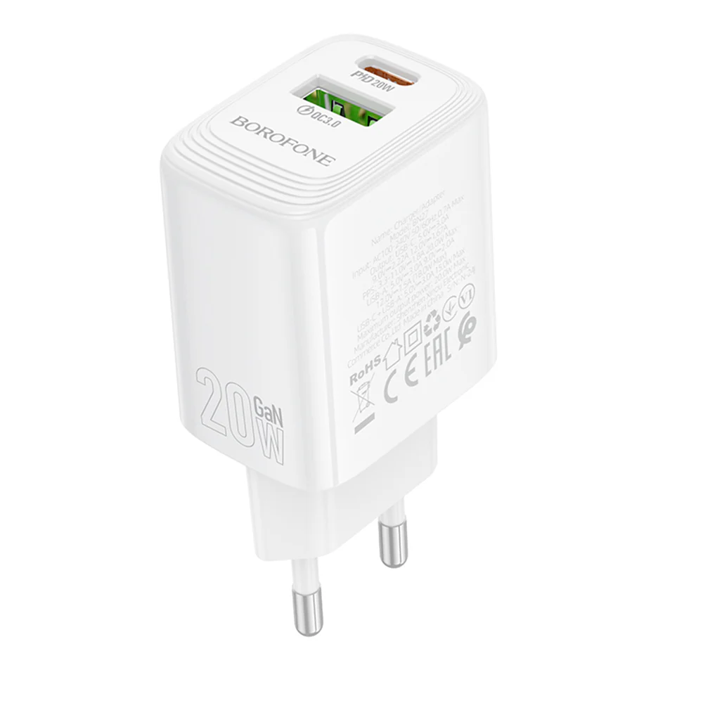 Borofone BN27 Fuente Network Charger, 20W, 3A, 1 x USB-A - 1 x USB-C, White - Image 3