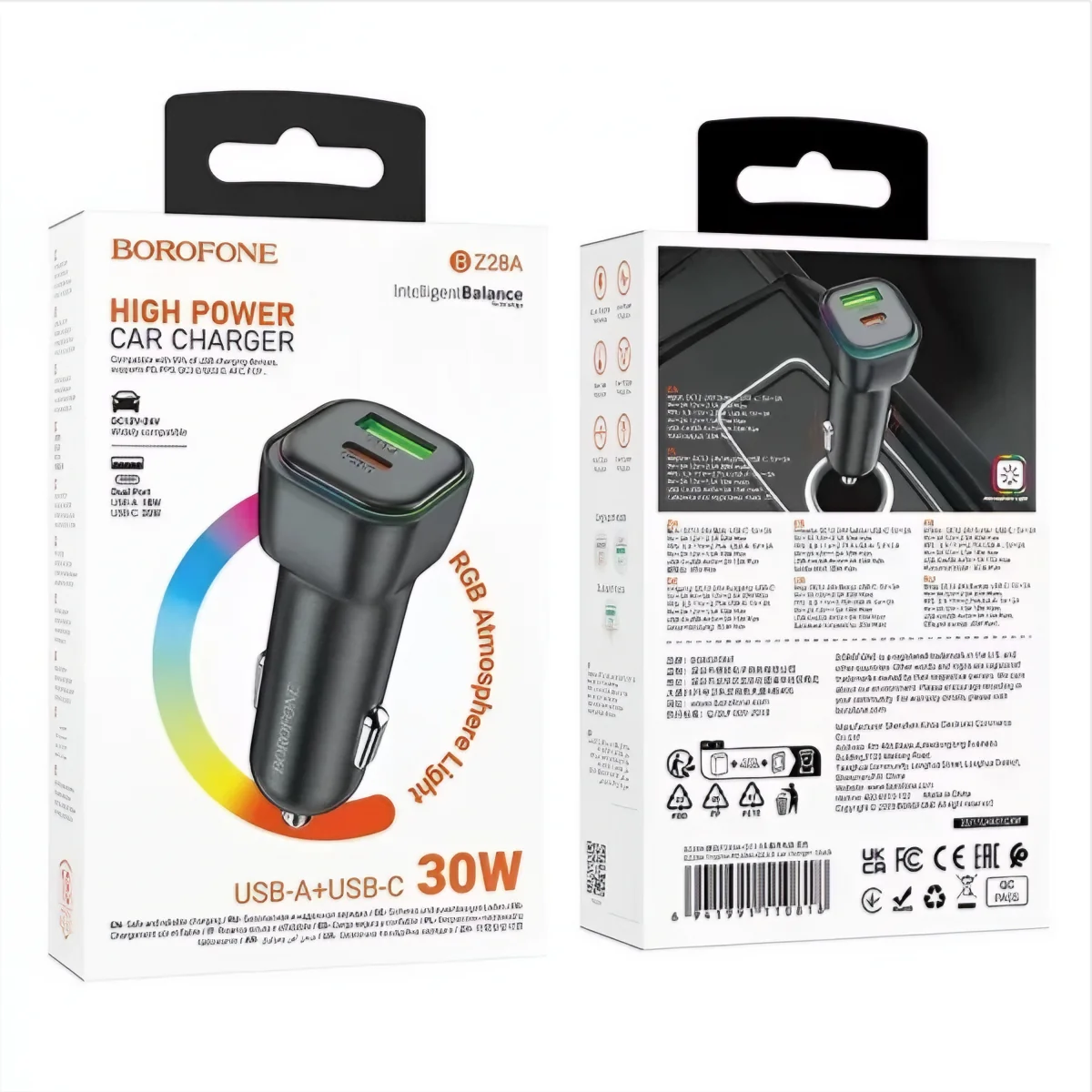 Borofone BZ28A Trophie Car Charger, 30W, 3A, 1 x USB-A - 1 x USB-C, Black - Image 6