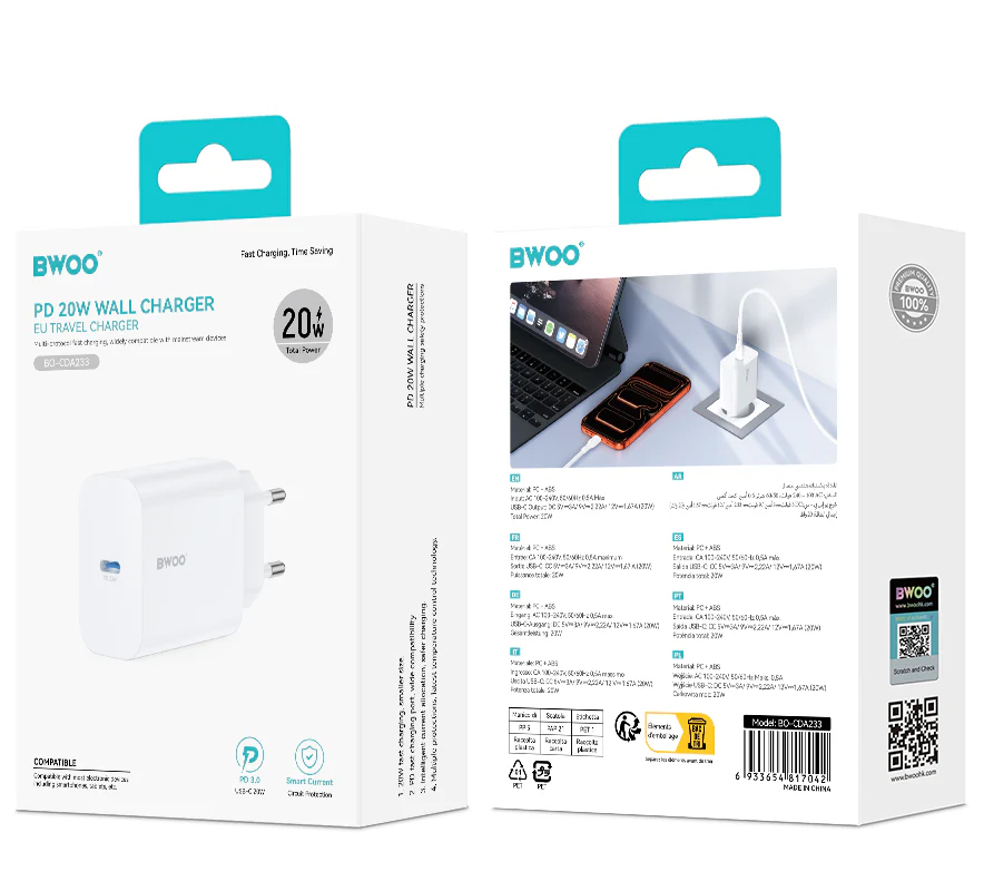 BWOO CDA233 Network Charger, 20W, 3A, 1 x USB-C, White - Image 5