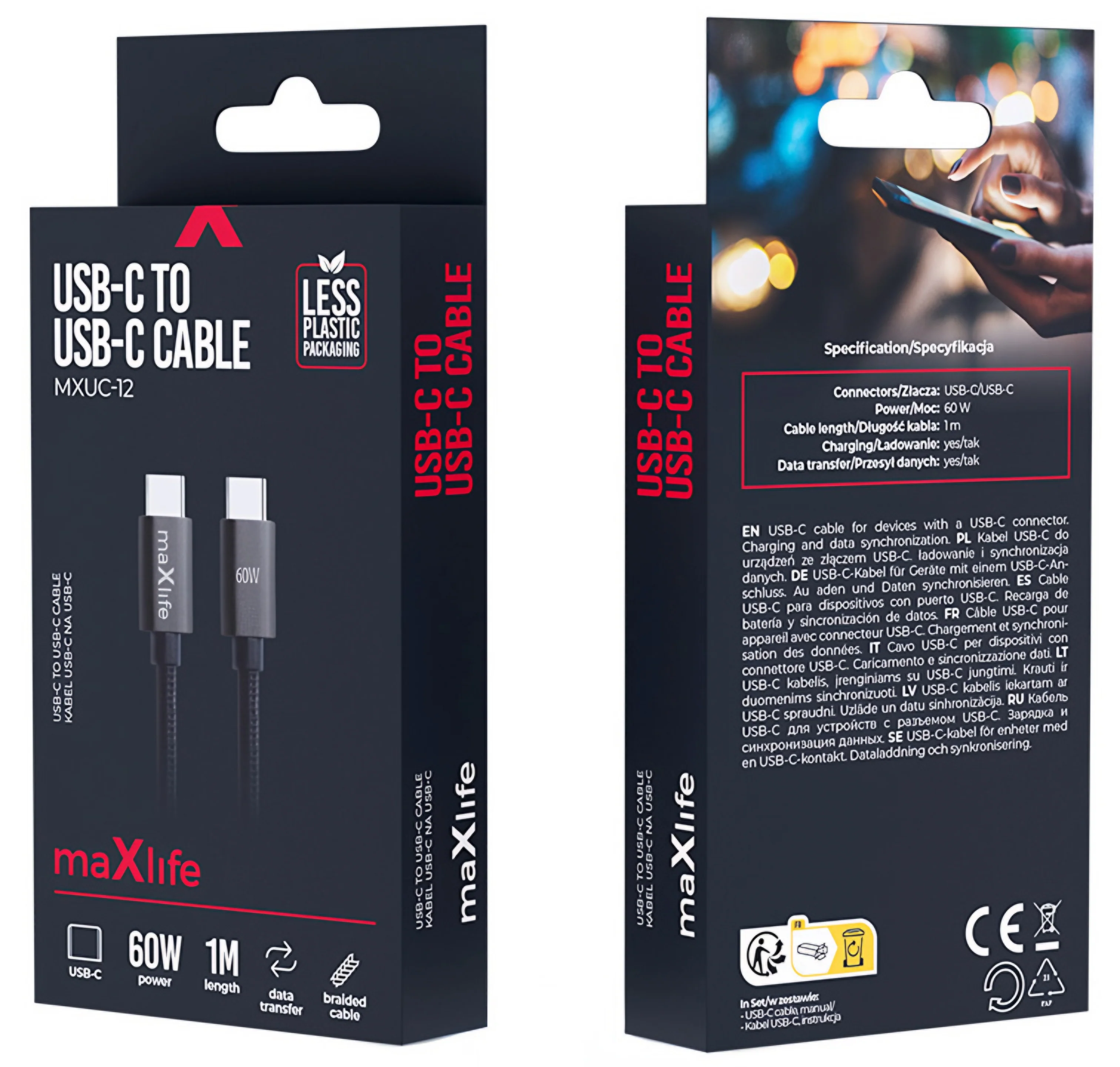 USB-C Data and Charging Cable - USB-C MaXlife MXUC-12, 60W, 1m, Black - Image 3
