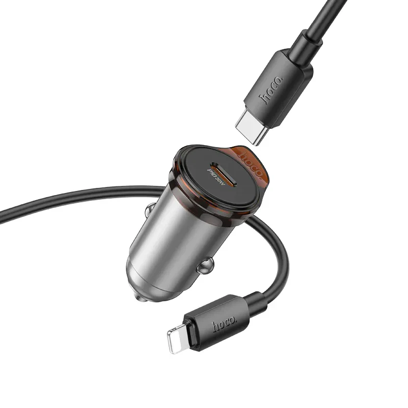 Car Charger with Lightning Cable HOCO NZ16, 30W, 3A, 1 x USB-C, Gray - Image 4