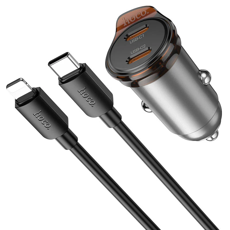 Car Charger with Lightning Cable HOCO NZ16B, 45W, 3A, 2 x USB-C, Grey - Image 3