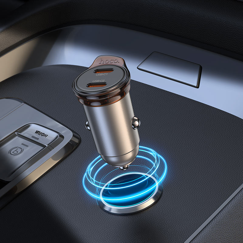 Car Charger with Lightning Cable HOCO NZ16B, 45W, 3A, 2 x USB-C, Grey - Image 4