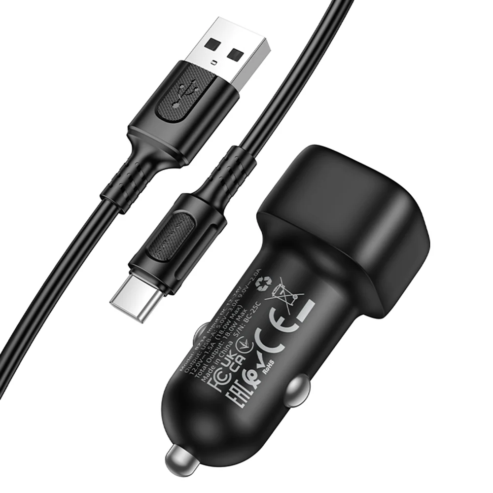 Car Charger with USB-C Cable Borofone BZ34 Cloud, 18W, 3A, 1 x USB-A, Black - Image 3
