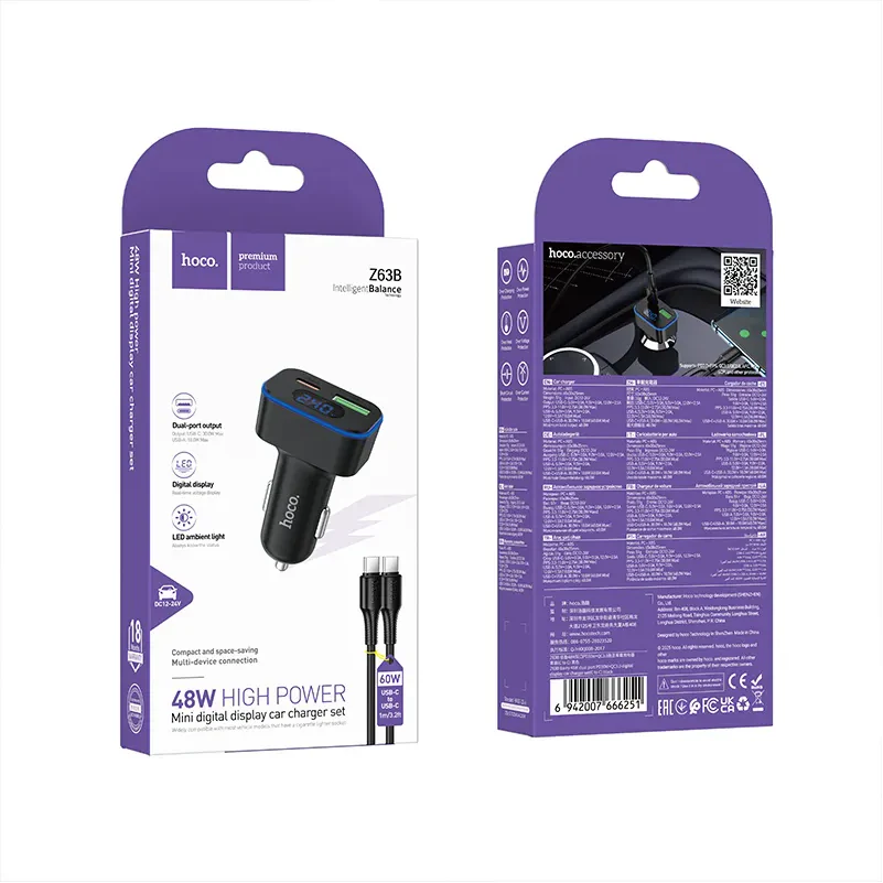 Car Charger with USB-C Cable HOCO Z63B Display, 48W, 3A, 1 x USB-A - 1 x USB-C, Black - Image 9