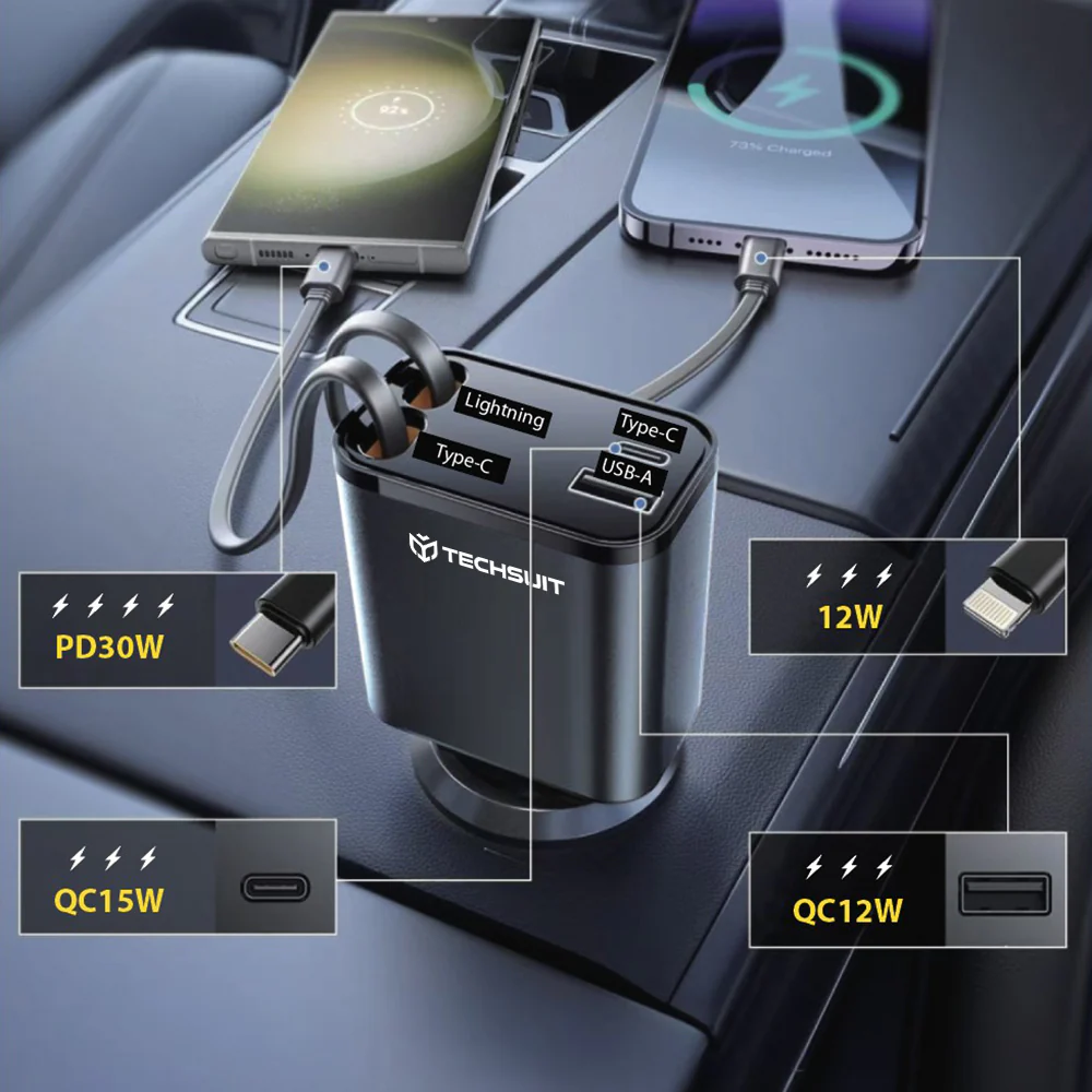 Car Charger with USB-C / Lightning Cable Techsuit C1 NanoVoltX, 69W, 3A, 1 x USB-A - 1 x USB-C, Gray - Image 3