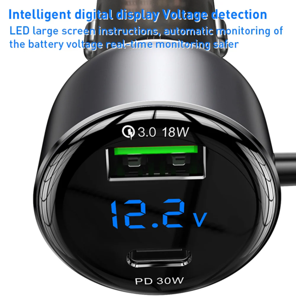 Car Charger with USB-C / Lightning Cable Yesido Y58 Display, 60W, 3A, 1 x USB-A - 1 x USB-C, Gray - Image 2